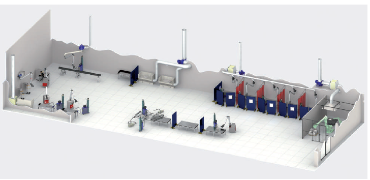 schematic diagram showing the layout of a welding workshop with welding booths, ducting, mobile filters, wall mounted filters